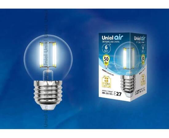 Лампа светодиодная филаментная (UL-00002208) Uniel E27 6W 4000K прозрачная LED-G45-6W/NW/E27/CL GLA0, изображение 2
