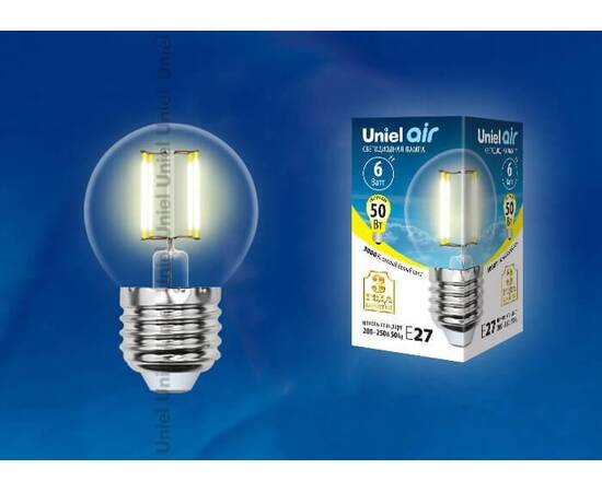 Лампа светодиодная филаментная (UL-00002201) Uniel E14 6W 3000K прозрачная LED-G45-6W/WW/E14/CL GLA0, изображение 2
