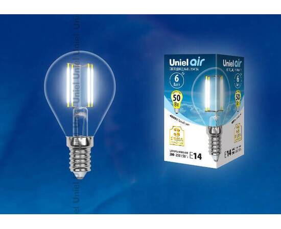 Лампа светодиодная филаментная (UL-00002207) Uniel E14 6W 4000K прозрачная LED-G45-6W/NW/E14/CL GLA0, изображение 2