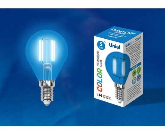 Лампа светодиодная филаментная (UL-00002989) Uniel E14 5W синий LED-G45-5W/BLUE/E14 GLA02BL