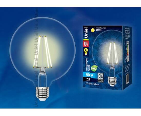 Лампа светодиодная филаментная (10534) Uniel E27 10W 3000K прозрачная LED-G125-10W/WW/E27/CL PLS02WH, изображение 2