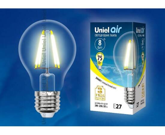 Лампа светодиодная филаментная (UL-00002210) Uniel E27 8W 3000K прозрачная LED-A60-8W/WW/E27/CL GLA0, изображение 2