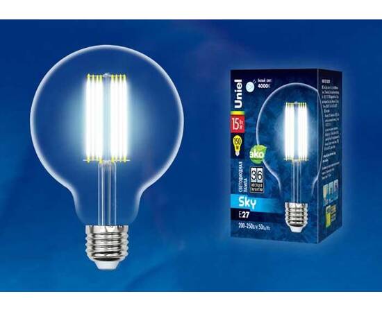 Лампа светодиодная филаментная (UL-00004864) Uniel E27 15W 3000K прозрачная LED-G95-15W/3000K/E27/CL, изображение 2