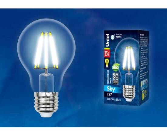 Лампа светодиодная филаментная (UL-00004868) Uniel E27 15W 3000K прозрачная LED-A70-15W/3000K/E27/CL, изображение 2