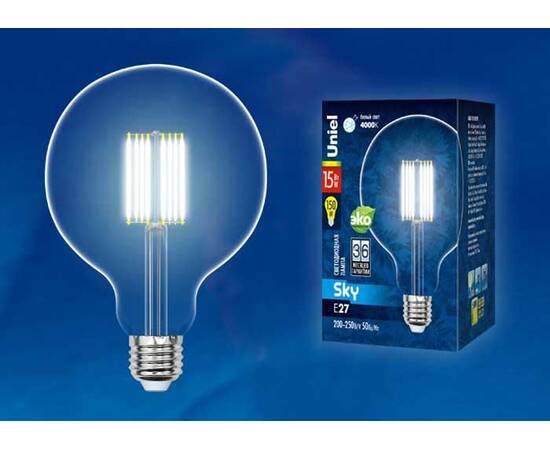 Лампа светодиодная филаментная (UL-00004860) Uniel E27 15W 3000K прозрачная LED-G125-15W/3000K/E27/C, изображение 2
