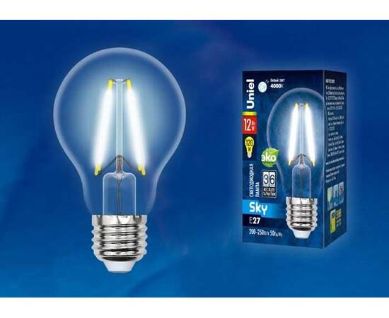 Лампа светодиодная филаментная (UL-00004866) Uniel E27 12W 3000K прозрачная LED-A60-12W/3000K/E27/CL, изображение 2