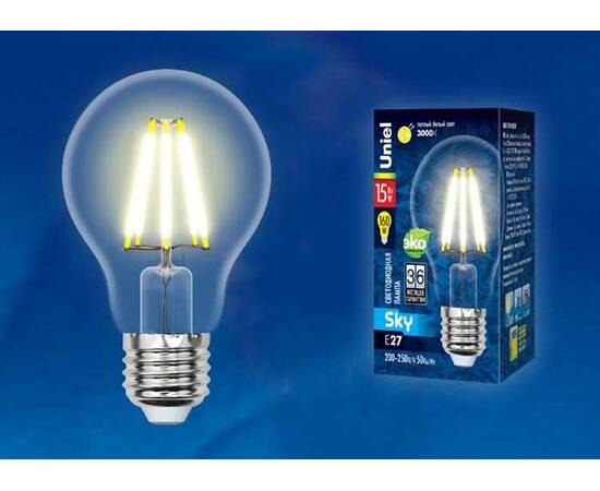Лампа светодиодная филаментная (UL-00004867) Uniel E27 12W 4000K прозрачная LED-A60-12W/4000K/E27/CL, изображение 2