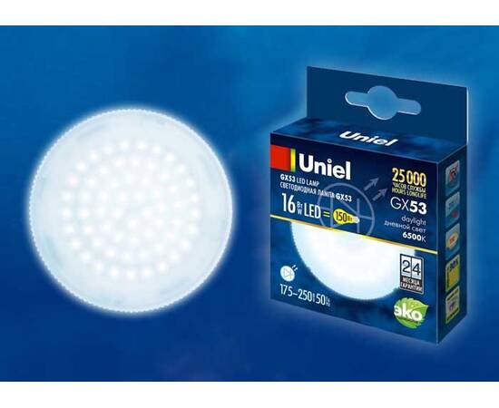 Лампа светодиодная (UL-00005315) Uniel GX53 16W 6500K матовая LED-GX53-16W/6500K/GX53/FR PLZ01WH, изображение 2