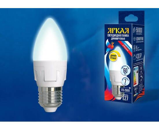 Лампа светодиодная диммируемая (UL-00004295) Uniel E27 7W 4000K матовая LED-C37 7W/4000K/E27/FR/DIM, изображение 2