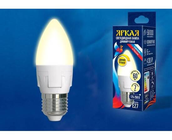 Лампа светодиодная диммируемая (UL-00004296) Uniel E14 7W 3000K матовая LED-C37 7W/3000K/E14/FR/DIM, изображение 2