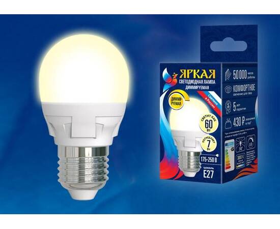 Лампа светодиодная диммируемая (UL-00004302) Uniel E14 7W 3000K матовая LED-G45 7W/3000K/E14/FR/DIM, изображение 2