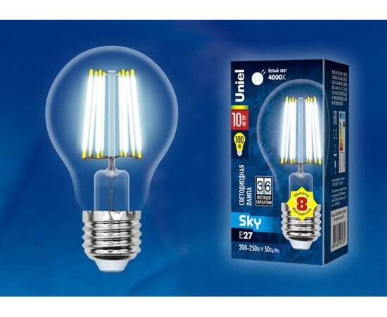Лампа светодиодная филаментная (UL-00002625) Uniel E27 10W 3000K прозрачная LED-A60-10W/WW/E27/CL PL, изображение 2