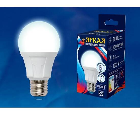 Лампа светодиодная (UL-00005036) Uniel E27 18W 3000K матовая LED-A60 18W/3000K/E27/FR PLP01WH, изображение 2