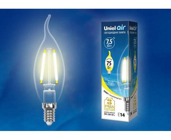 Лампа светодиодная филаментная (UL-00003247) Uniel E14 7,5W 4000K прозрачная LED-C35-7,5W/NW/E14/CL, изображение 2