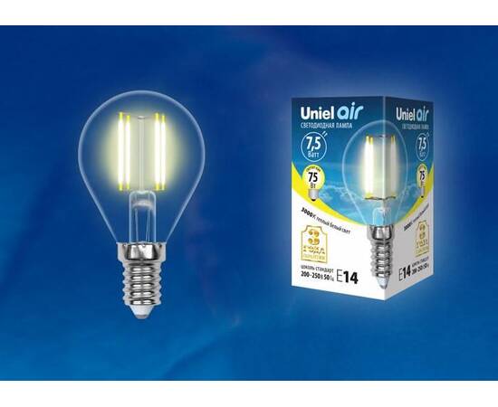 Лампа светодиодная филаментная (UL-00003248) Uniel E14 7,5W 3000K прозрачная LED-CW35-7,5W/WW/E14/CL, изображение 2