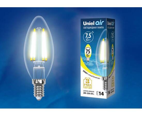 Лампа светодиодная филаментная (UL-00003250) Uniel E14 7,5W 3000K прозрачная LED-G45-7,5W/WW/E14/CL, изображение 3