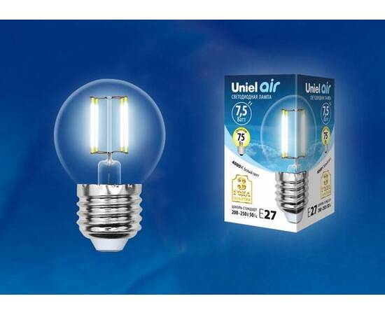 Лампа светодиодная филаментная (UL-00003252) Uniel E27 7,5W 3000K прозрачная LED-G45-7,5W/WW/E27/CL, изображение 2