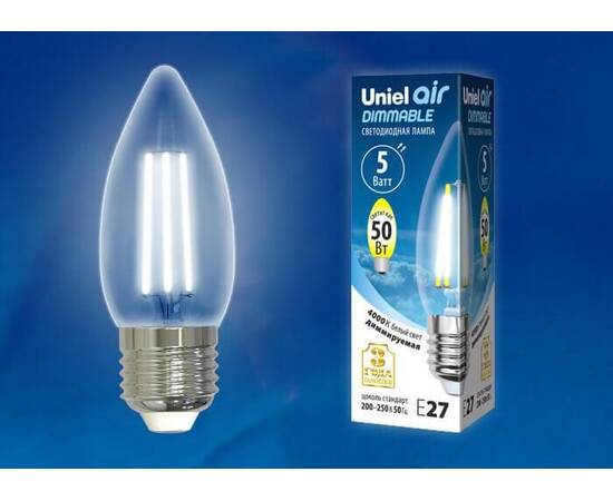 Лампа светодиодная филаментная диммируемая (UL-00003642) Uniel E27 5W 4000K прозрачная LED-C35-5W/NW, изображение 2
