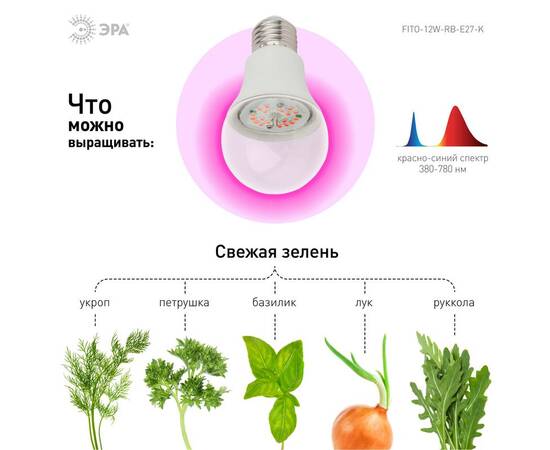 Фитолампа для растений светодиодная ЭРА E27 12W 1310K FITO-12W-RB-E27-K Б0039070, изображение 7