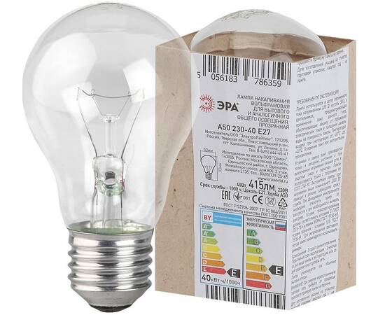 Лампа накаливания Эра E27 40W A50 40-230-Е27 (гофра) Б0039117, изображение 4
