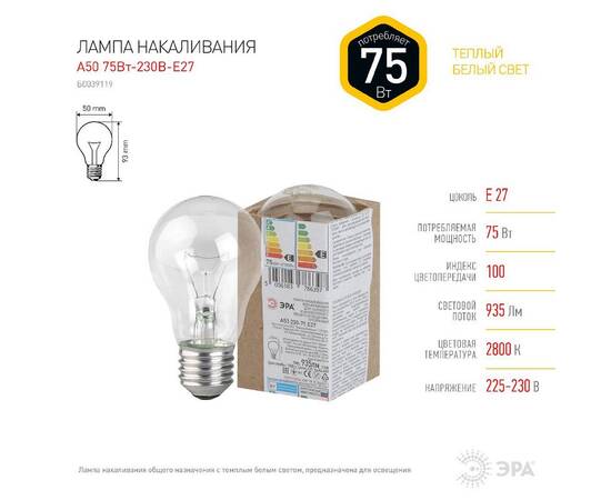 Лампа накаливания Эра E27 75W A50 75-230-E27 (гофра) Б0039119, изображение 2