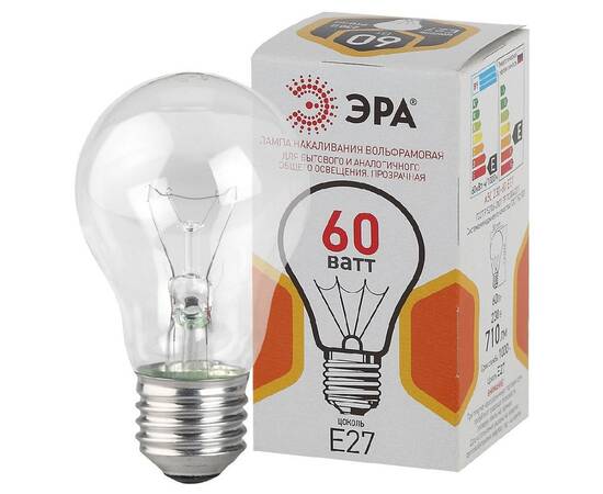 Лампа накаливания Эра E27 60W A50 60-230-Е27-CL Б0039122, изображение 4