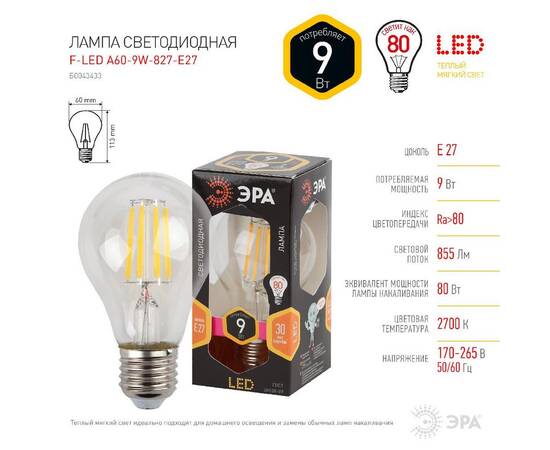 Лампа светодиодная Эра E27 9W 2700K F-LED A60-9W-827-E27 Б0043433, изображение 3