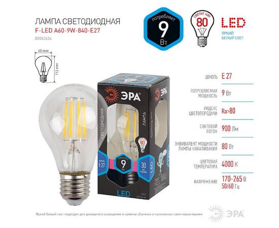 Лампа светодиодная Эра E27 9W 4000K F-LED A60-9W-840-E27 Б0043434, изображение 3