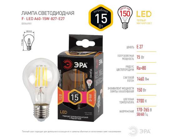 Лампа светодиодная Эра E27 15W 2700K F-LED A60-15W-827-E27 Б0046981, изображение 3