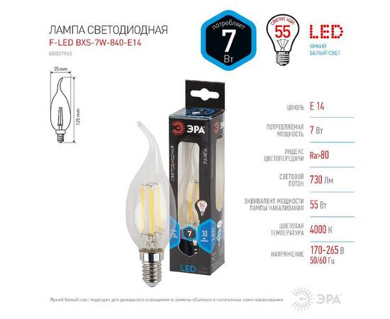 Лампа светодиодная Эра E14 7W 4000K F-LED BXS-7W-840-E14 Б0027945, изображение 3