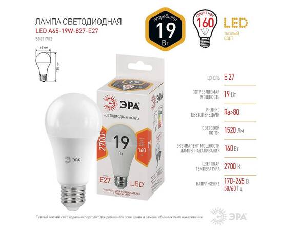 Лампа светодиодная Эра E27 19W 2700K LED A65-19W-827-E27 Б0031702, изображение 5