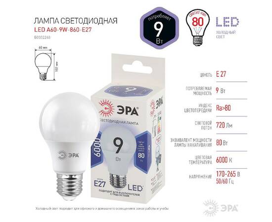 Лампа светодиодная Эра E27 9W 6000K LED A60-9W-860-E27 Б0032248