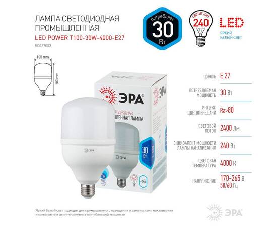 Лампа светодиодная Эра E27 30W 4000K LED POWER T100-30W-4000-E27 Б0027003, изображение 3