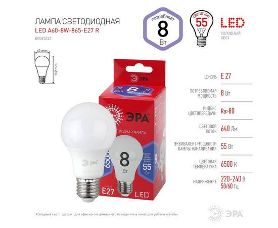 Лампа светодиодная Эра E27 8W 6500K LED A60-8W-865-E27 R Б0045323, изображение 3