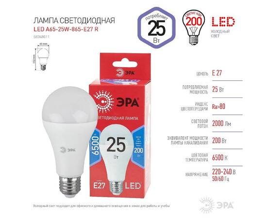 Лампа светодиодная Эра E27 25W 6500K LED A65-25W-865-E27 R Б0048011, изображение 4