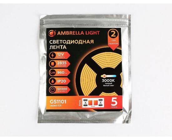 Светодиодная лента Ambrella Light LED Strip 12В 2835 9,6Вт/м 3000K 5м IP20 GS1101, изображение 6