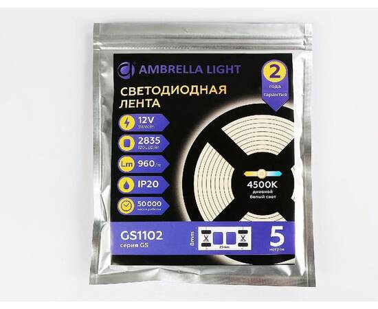 Светодиодная лента Ambrella Light LED Strip 12В 2835 9,6Вт/м 4500K 5м IP20 GS1102, изображение 5