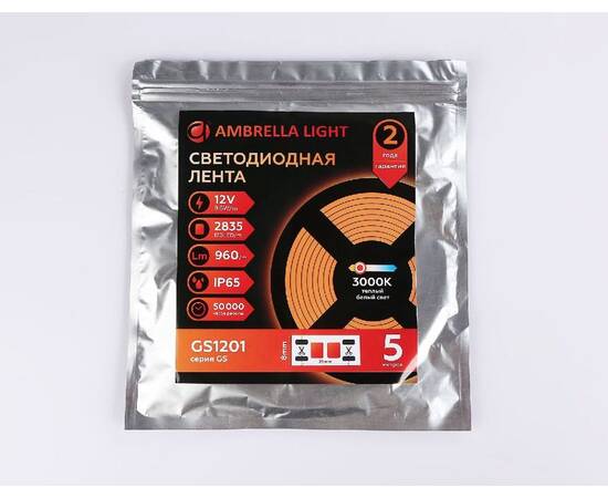 Светодиодная лента Ambrella Light LED Strip 12В 2835 9,6Вт/м 3000K 5м IP65 GS1201, изображение 6