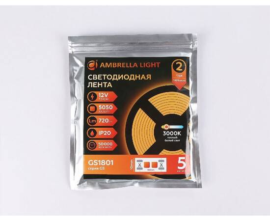 Светодиодная лента Ambrella Light LED Strip 12В 5050 7,2Вт/м 3000K 5м IP20 GS1801, изображение 6
