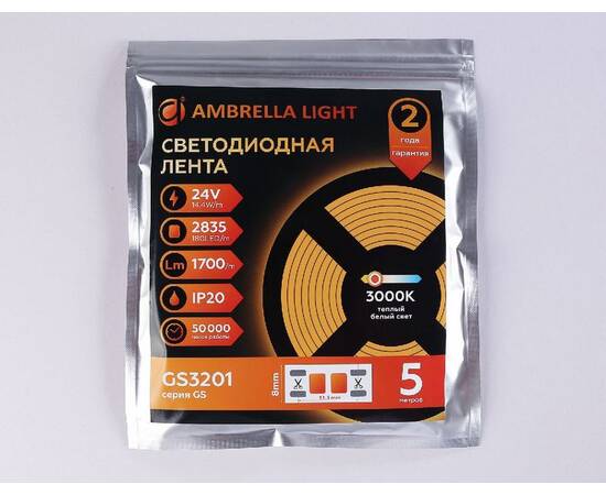 Светодиодная лента Ambrella Light LED Strip 24В 2835 14,4Вт/м 3000K 5м IP20 GS3201, изображение 6