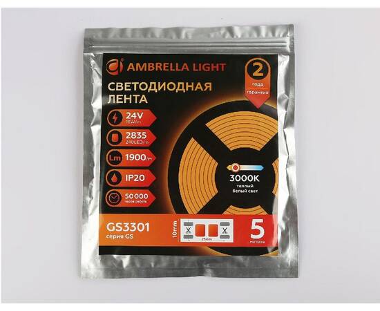 Светодиодная лента Ambrella Light LED Strip 24В 2835 18Вт/м 3000K 5м IP20 GS3301, изображение 6