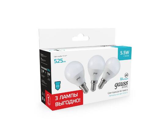 Лампа светодиодная Gauss Basic E14 5,5W 4100K 10531252T, изображение 3