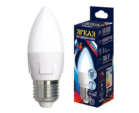 Лампа светодиодная Uniel LED-C37 7W/6500K/E27/FR PLP01WH UL-00011015, изображение 3