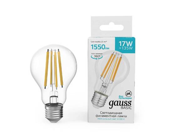 Светодиодная филаментная лампа Gauss Basic Filament E27 17W 4100K 10212272
