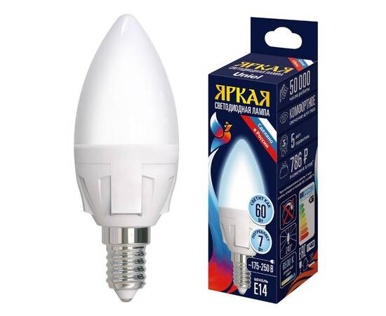 Светодиодная лампа Uniel LED-C37 7W/6500K/E14/FR PLP01WH UL-00011014, изображение 3