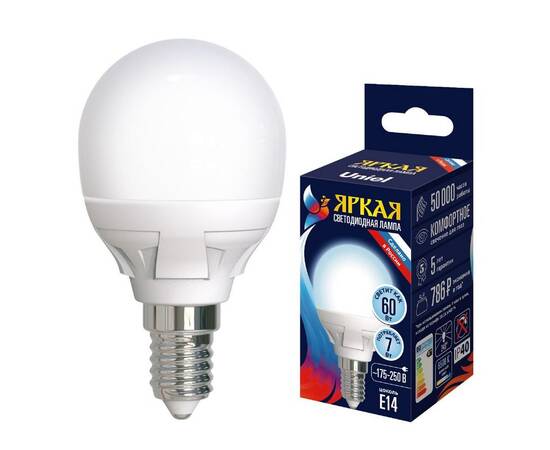 Лампа светодиодная Uniel LED-G45 7W/6500K/E14/FR PLP01WH UL-00011018, изображение 3