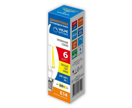 Лампа светодиодная диммируемая Volpe Optima LED-CW35-6W/3000K/E14/CL/DIM/SLF UL-00009243