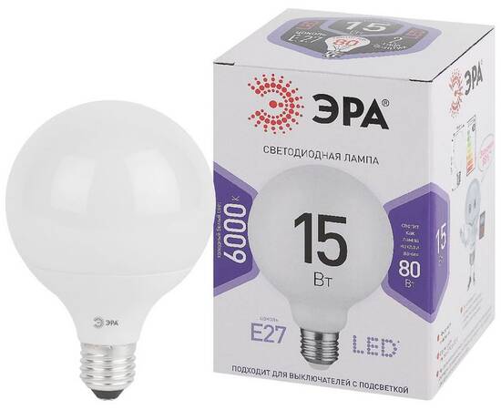 Лампа светодиодная Эра E27 15W 6500K LED G95-15W-6000K-E27 Б0049079, изображение 2