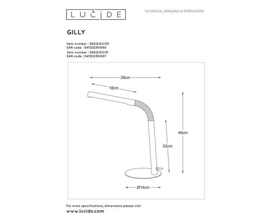 Настольная лампа Lucide Gilly 36612/03/30, изображение 2