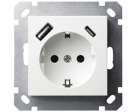 Розетка SHUKO Jasmart с USB тип A-C с защитными шторками 25W 16A 250V 2P+T белый глянцевый G5501USB